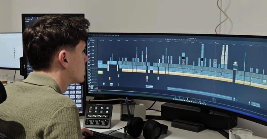 Halász Hunor editing a timeline on an ultrawide monitor